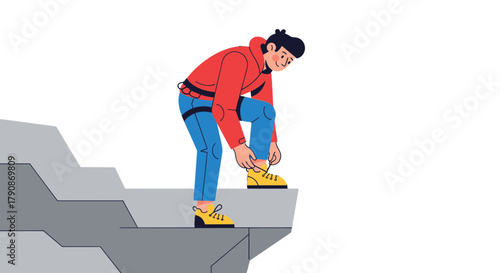 Adventurous Climber Prepares to Ascend a Craggy Cliff Face on A Darkened Backdrop