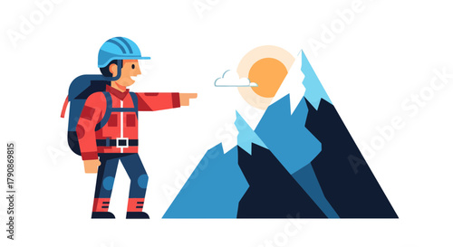 Adventures Unfold Mountain Climber Pointing At Scenic Peaks Under The Sun's Radiance