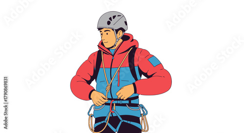 Adventurous Climber Preparing Gear for Extreme Mountainous Ascent and Outdoor Activities