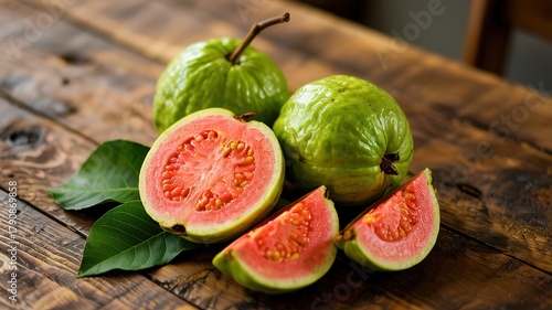 Fototapeta Naklejka Na Ścianę i Meble -  Fresh guava fruits sliced open revealing red pulp, placed on a wooden table