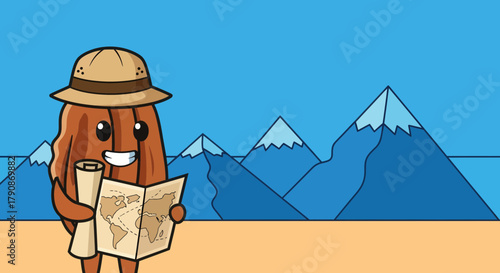 Adventurous Almond Character Holding a Map and Exploring Majestic Mountain Ranges in Illustration