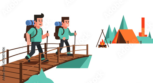 Adventurous Bridge Crossing Towards a Mountain Camping Illustration on a Black Background