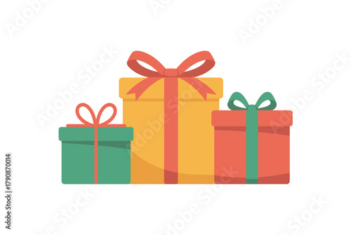 Three colorful gift boxes with ribbons arranged together against a white background.