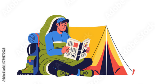 Adventurous Camper Enjoying Leisure Time Reading Near Tent in Nature
