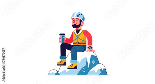 Adventurous Climber Resting On Mountain Peak With A Beverage to Recover After Hike