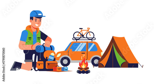 Adventurous Camper Preparing For A Camping Trip With Tent, Car, and Bicycle