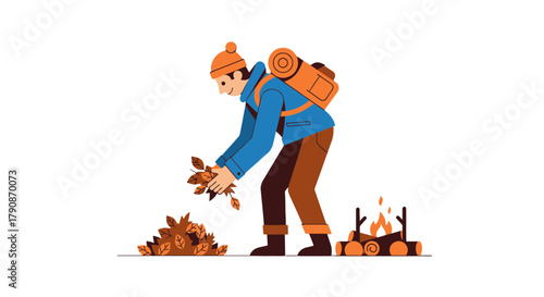 Adventurous Camper Gathering Leaves for Campfire Under Autumn Season