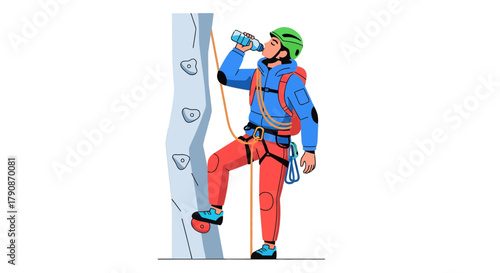 Adventurous Climber Resting And Hydrating On A Vertical Route During An Expedition