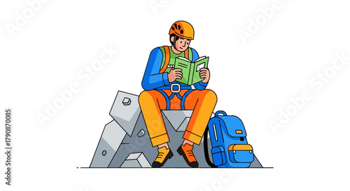 Adventurous Climber Resting And Reading While Enjoying A Book During A Break