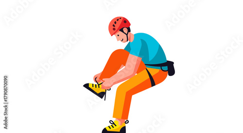 Adventurous Climber Securing His Shoes Preparing for A New, Dangerous Challenge Today