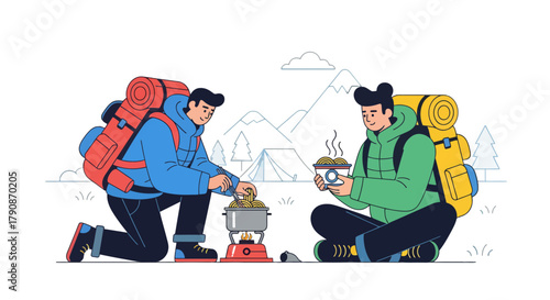 Adventurous Campers Cooking Dinner Under Majestic Mountains In Vibrant Flat Illustration
