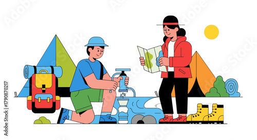 Adventurous Campers Enjoying A Relaxed Outdoor Trip And Brewing Coffee Together