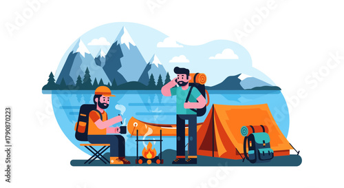 Adventurous Campers Enjoying Nature And Bonding Near Peaceful Mountainous Lake