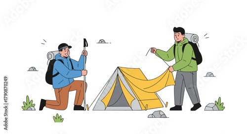 Adventurous Campers Erecting Shelter in a Verdant Wilderness Setting at Dusk