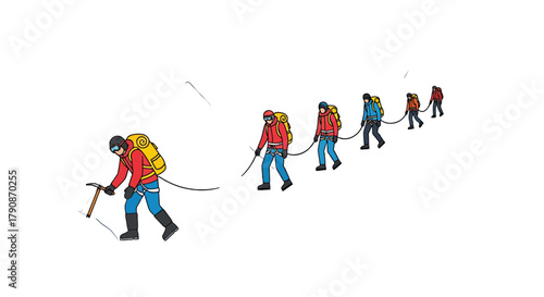 Adventurous Climbers Ascending A Mountain Slope Depicted As A Minimalist Illustration Style