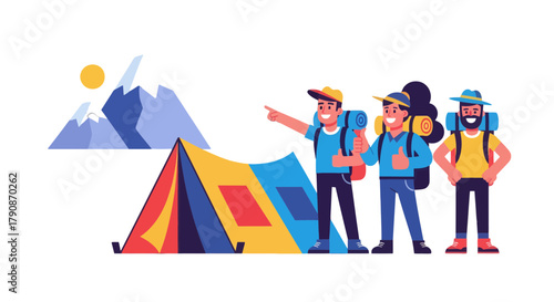 Adventurous Campers Explore Scenic Mountain Landscape Ready For Their Expedition