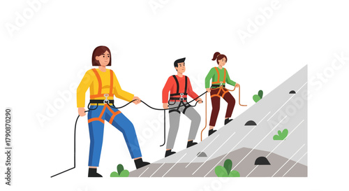 Adventurous Climbers Ascending a Rocky Terrain Wearing Harnesses and Ropes for Safety