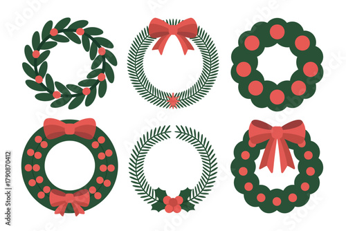 Six decorative Christmas wreaths are displayed against a white background.