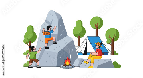 Adventurous Camping Scene Depicting Rock Climbing, Relaxation, And Campsite Activities