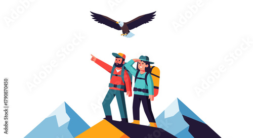 Adventurous Climbers Observe Majestic Eagle Soaring Against The Black Sky Backdrop