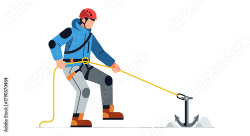 Adventurous Climber Anchoring Rope For Ascend, Extreme Sports And Safety Concept