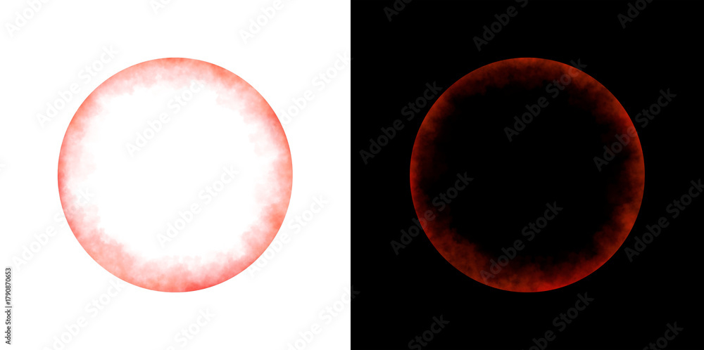 Naklejka premium Realistic circular red smoke frame with soft edges and transparent texture isolated on white and black backgrounds for design use