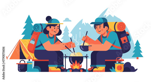 Adventurous Couple Camping Outdoors Enjoying Delicious Food in the Mountains