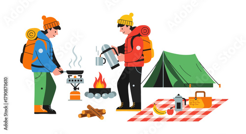 Adventurous Couple Camping Outdoors Enjoying Cooked Food And Warm Beverages.