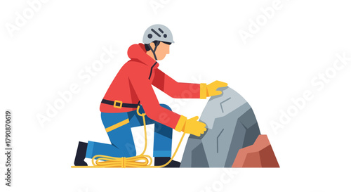 Adventurous Climber Ascending a Rocky Peak With Protective Gear and Safety Rope Illustration