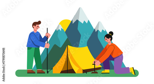 Adventurous Couple Camping With Tent and Mountains on a Bright, Vivid Black Background