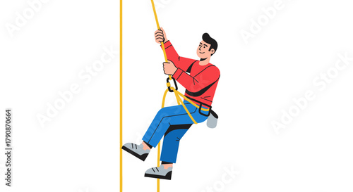 Adventurous Climber Ascending a Rope With Safety Gear for Sport or Leisure Activity