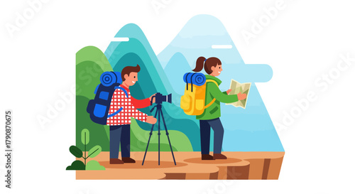 Adventurous Couple Capturing Nature's Beauty in Mountainous Regions and Exploring