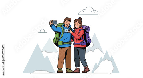 Adventurous Couple Capturing Mountain Majesty, Perfect For Stock Photography Needs