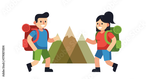 Adventurous Couple Climbing Mountains, Ready To Experience Nature Together With Backpacks