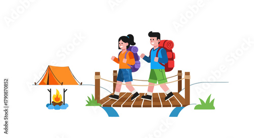 Adventurous Couple Crossing a Bridge on a Camping Trip Near a Cozy Campfire