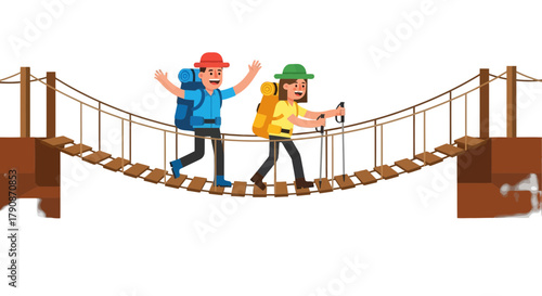 Adventurous Couple Crossing a Suspension Bridge Towards Exploring New Territories