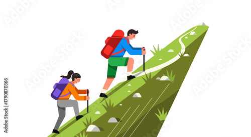 Adventurous Couple Climbing Uphill Together, Achieving Mountain Top Goal, Overcome Obstacles