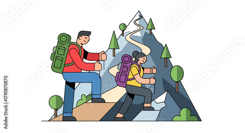 Adventurous Couple Climbing Mountain in Clean Vector Art Style Outdoorsy Adventure