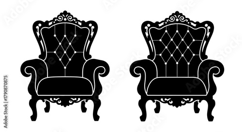Elegant black and white illustration of two ornate vintage armchairs