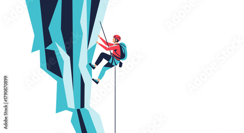 Adventurous Climber Ascends Ice Cliff Mountain, Achieving Courageous Exploration Dreams