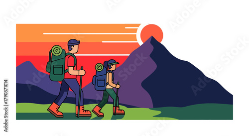 Adventurous Couple Enjoys Scenic Mountain Hike During A Picturesque Sunset Adventure