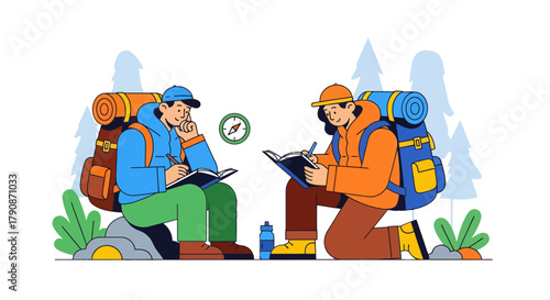 Adventurous Couple Documenting Their Journey in a Serene Woodland Setting Illustration