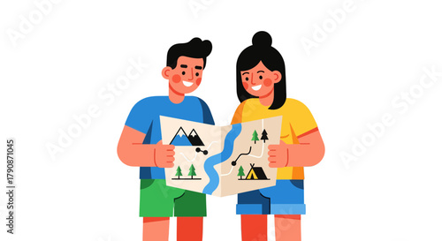Adventurous Couple Examining a Map Together Planning a Scenic Journey Destination Search