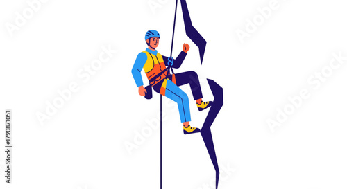 Adventurous Climber Ascends Rocky Terrain Against Dark Backdrop With Rope and Gear