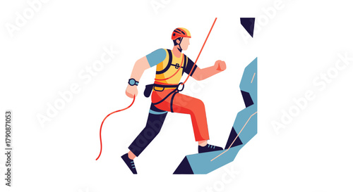 Adventurous Climber Ascends Rocky Terrain with Courage and Safety Equipment