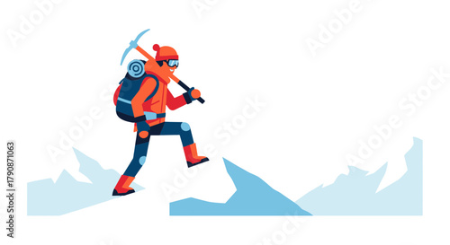 Adventurous Climber Ascends Rocky Terrain with Ice Axe During Dramatic Expedition