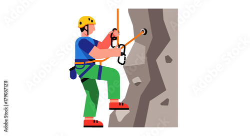 Adventurous Climber Ascends Rocky Terrain with Safety Gear for Recreation