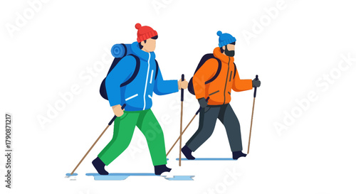 Adventurous Couple Hiking Together in the Mountains During Winter Season