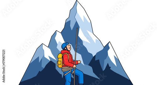 Adventurous Climber Ascends Towering Mountain Towards The Snowy Peak With Determination