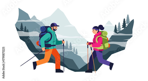 Adventurous Couple Hiking Together Through Mountainous Terrain With Backpacks